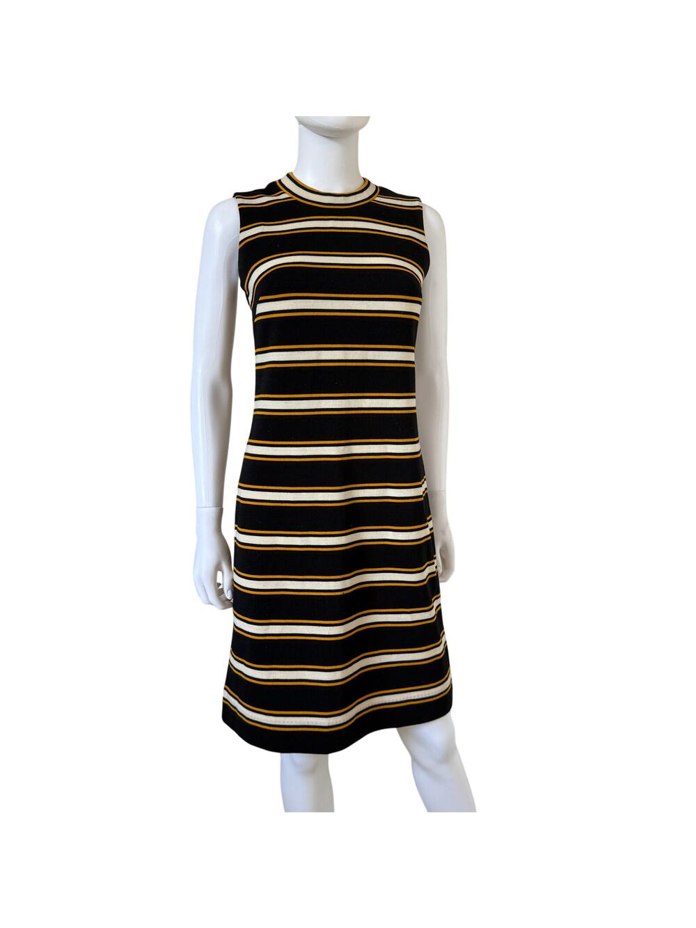 Vintage 1970s Mod Striped Knit Shift Dress Black White Gold Sleeveless Talon Zip